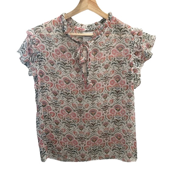 MISA Basia Sheer Chiffon Blockprint Flutter Sleeve Tassel Tie Split Neck Top - Picture 3 of 7